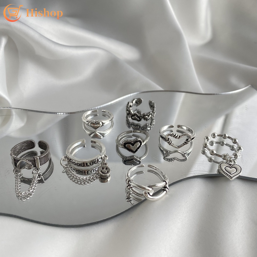 Y2k Set Cincin Silver Retro Wanita Desain Kupu-Kupu Hati Smiley Hias Mutiara Kristal