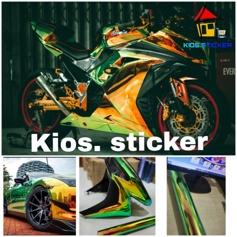 Skotlet motor bunglon chrome hijau emas stiker chameleon crome