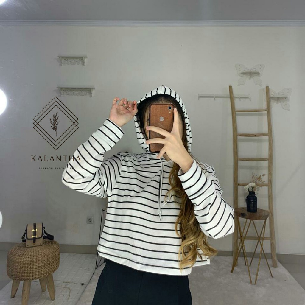 SALE !! KALANTHA FASHION Crop Tee Salur Hoodie Wanita Kekinian All Size-3