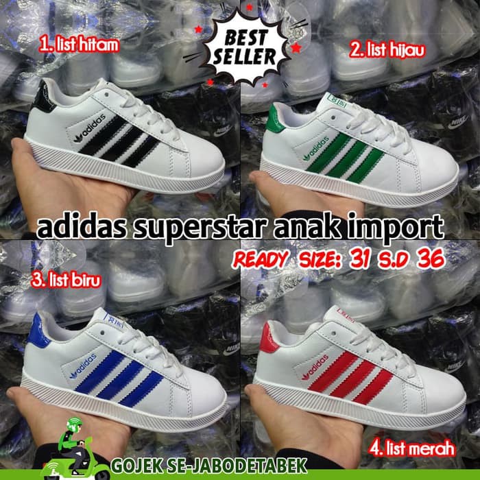 TERBARU ADIDAS SUPERSTAR ANAK IMPORT. SEPATU ADIDAS. SEPATU SEKOLAH ANAK - 31- LIST HITAM KEREN