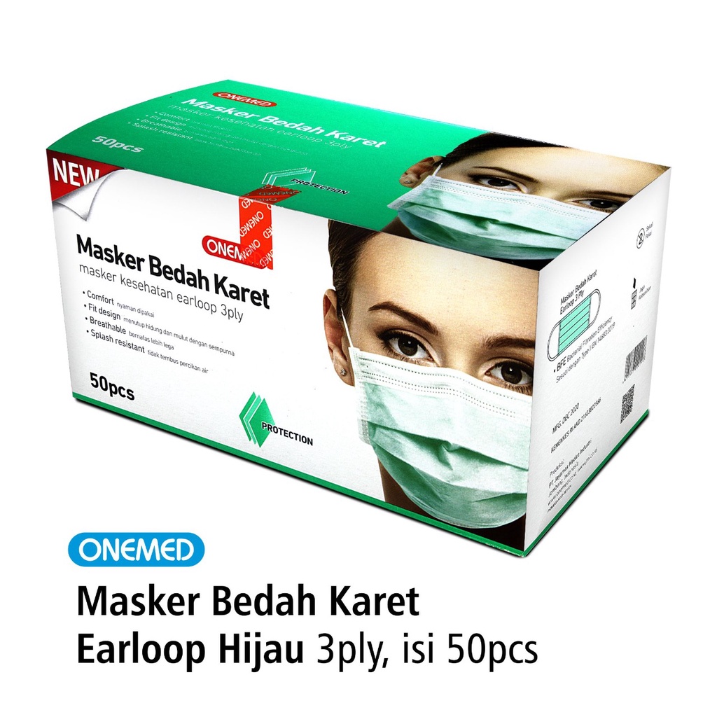 Masker Karet Medis Hijau OneMed box 50pcs