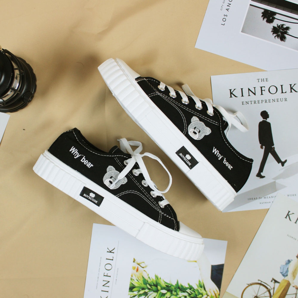 Sepatu Sneakers Korean Style Boyscode Why Bear Pendek Hitam Abu / Sepatu Korea Kanvas Beruang Black Grey