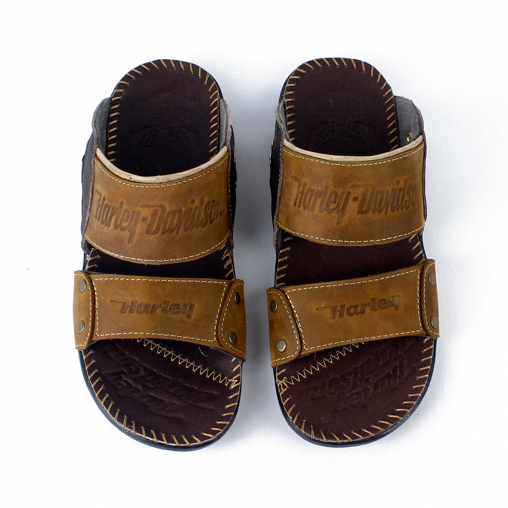 Sandal Kulit Asli - Sandal Selop Pria - Sandal Casual - Sandal Slide Harley B2 Tan