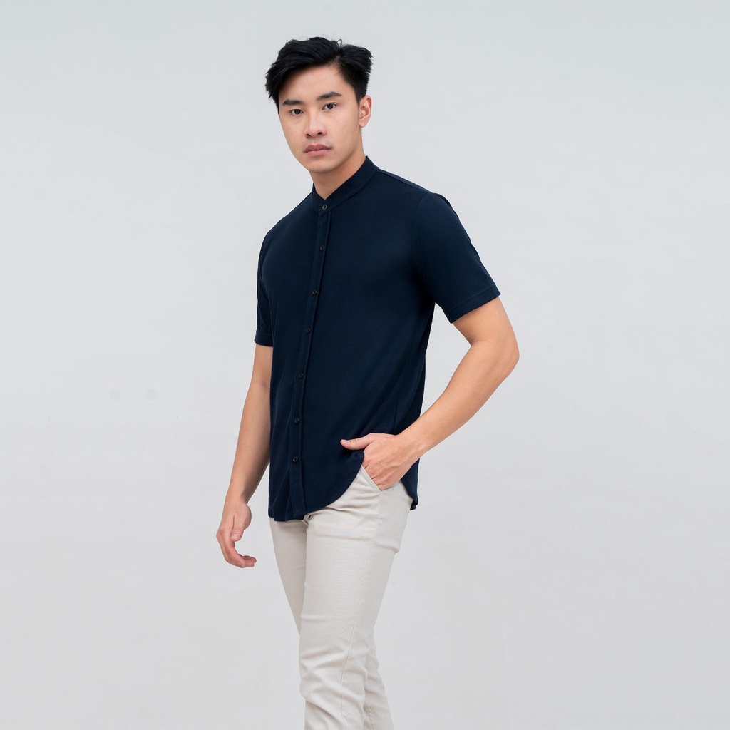 BROGUY Kemeja Pria Lengan Pendek Kerah Sanghai Casual Polos Slimfit Size M - XXL NAVY