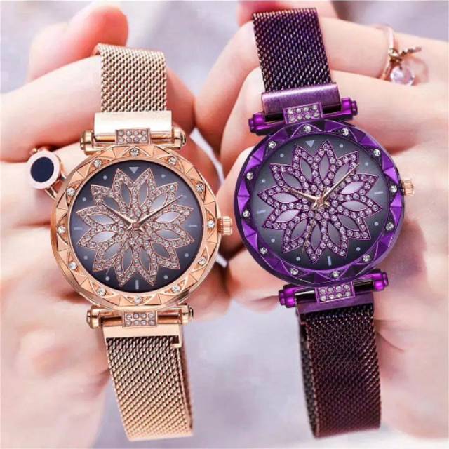 Jam Tangan Wanita Magnetik Diamond Bunga Case Hitam Gold CC-12