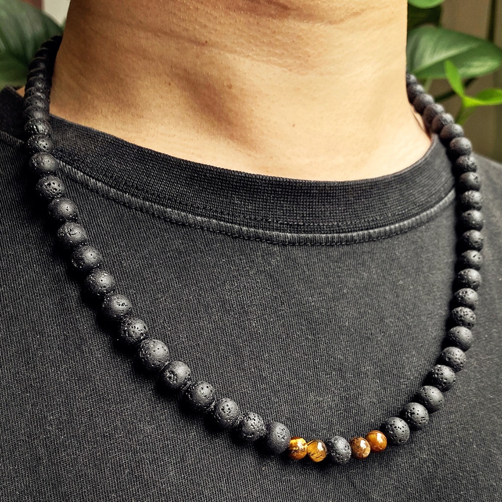 Kalung Manik-Manik Batu Vulkanik Tiger Eye Bahan Stainless Steel Ukuran 8mm / 6mm Untuk Pria