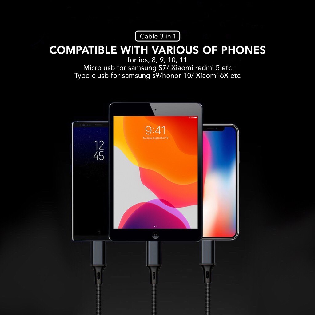 【COD】 Viqoo Kabel Charger 3 in1 C8  Micro USB Type C IOS Fast Charging Tahan lama lebih dari 2 tahun