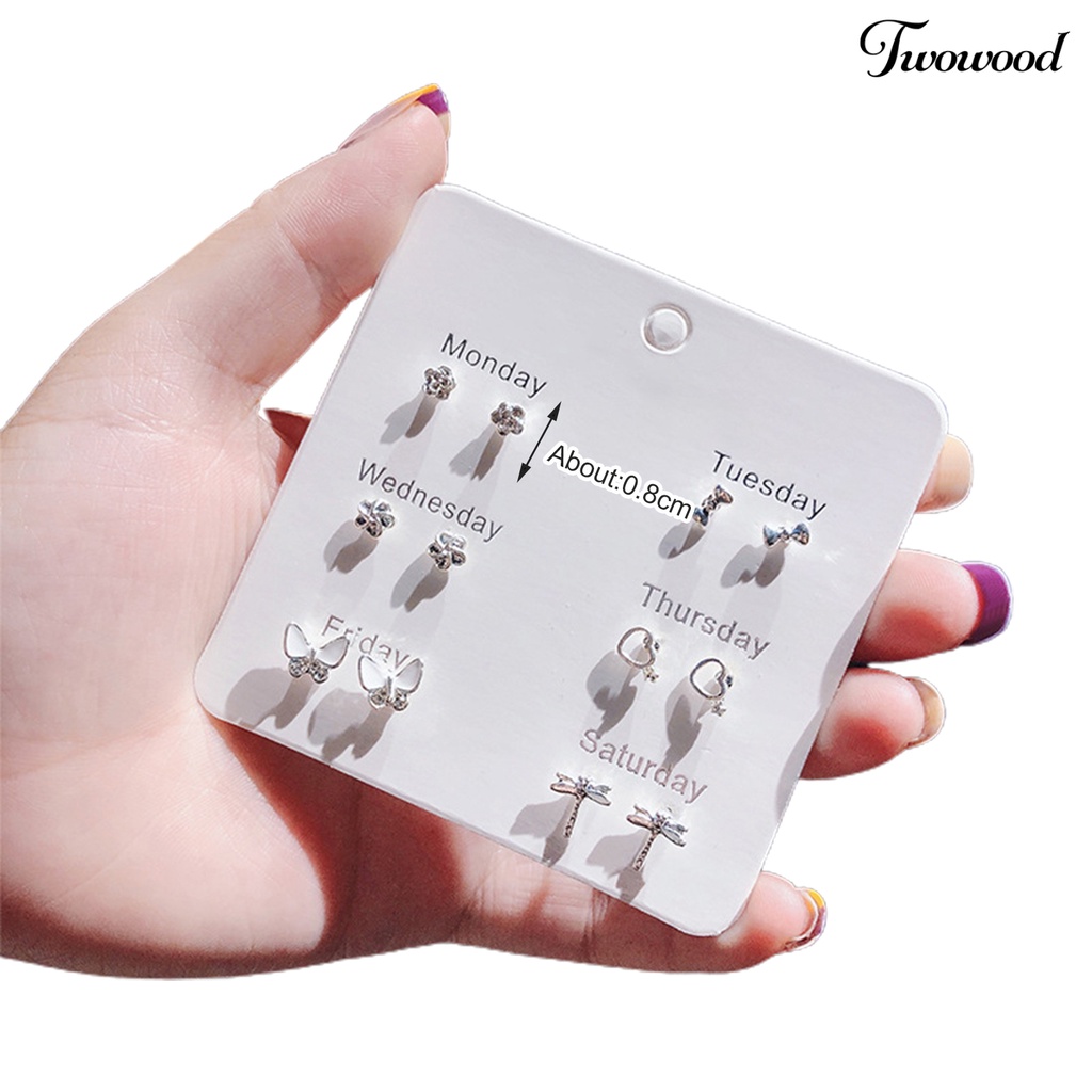 6 / 7 Pasang Anting Stud Bentuk Hati Aksen Mutiara Berlian Imitasi Untuk Wanita