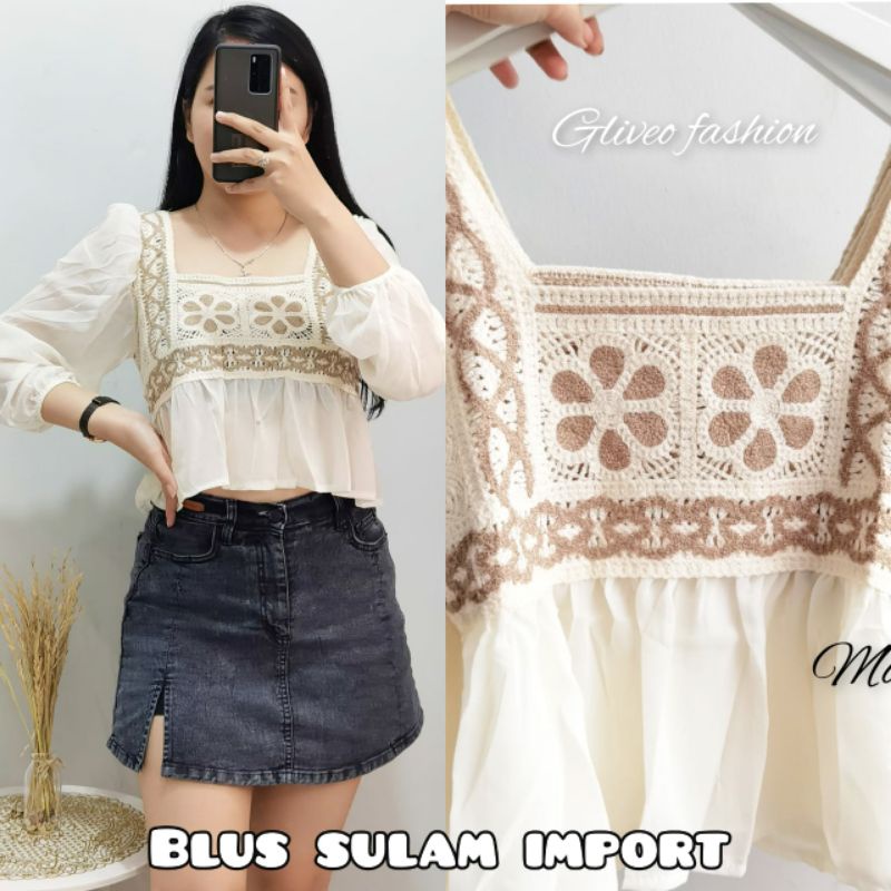 GLIVEO (COD) - BLUS RAJUT SULAM BUNGA KOMBI SIFON IMPORT | BLUS RAJUT WANITA TERBARU | BLUS KOREAN T