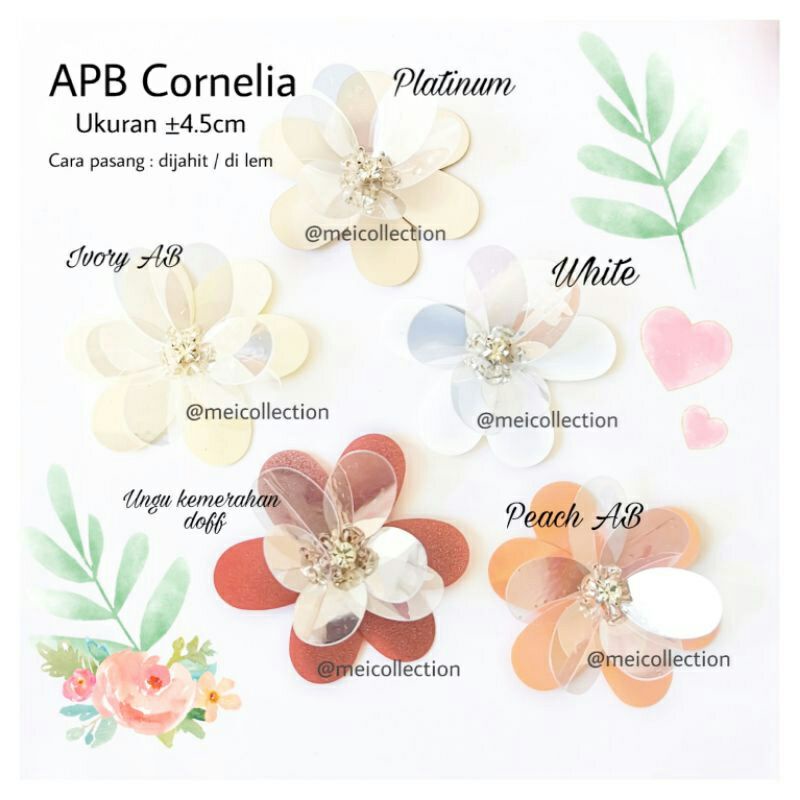 payet bunga 3d rangkai cornelia 4cm 5cm platinum white