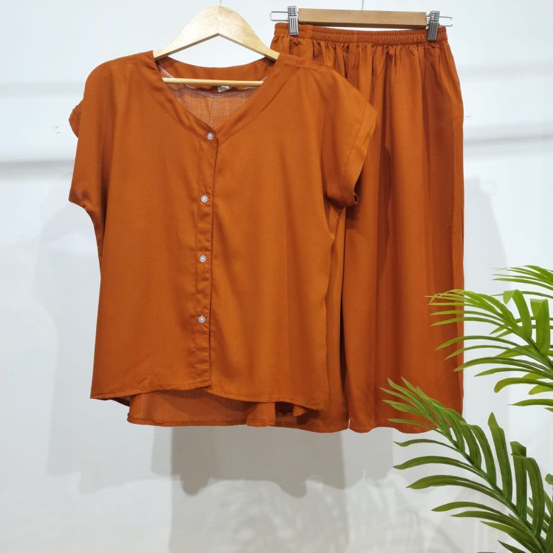 PIYAMA POLOS KANCING | PIYAMA BUSUI | BAJU SANTAI MURAH | HOMEDRESS MURAH | HOMEWEAR MURAH-VN 7/8 TERCOTA