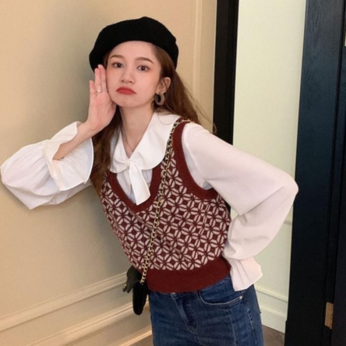 Untuk Rompi Wanita Kotak-kotak Motif Pendek Sweater Warna Gaya Merah R