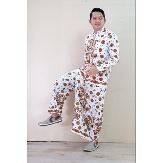 Fashion Muslim Baju Koko Setelan Sarung Celana Pria Dewasa Kombinasi Kemeja Batik Lengan Panjang Pen