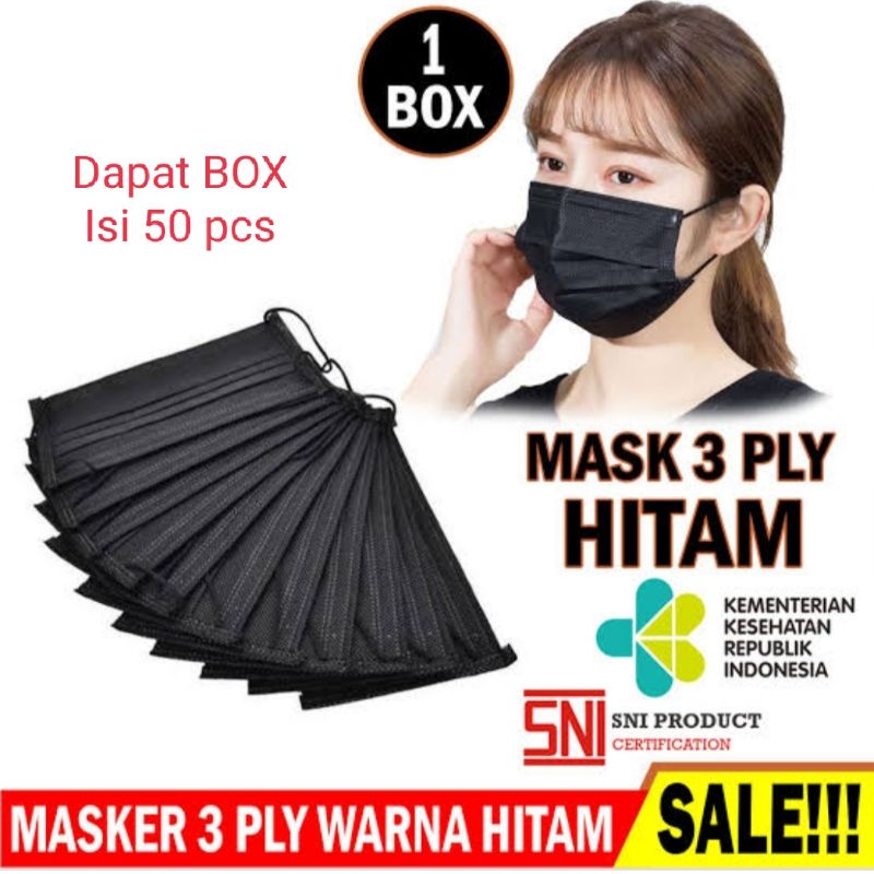 Masker 3ply Earloop box isi 50pcs hitam full