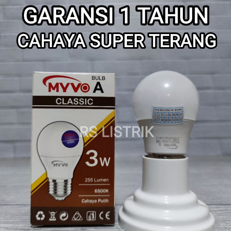 MYVO CLASSIC LAMPU LED BULB 3W CAHAYA PUTIH 6500K BERGARANSI 1 TAHUN