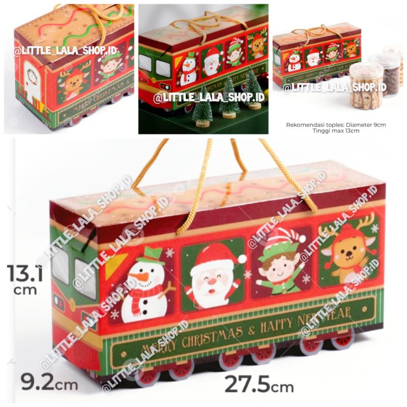 

Giftbox natal Paperbag tema natal bentuk kereta api muat 3 toples cookies/ kotak merah/hampers goodie bag / goodiebag / santa clause snow white/ christmas gift box kotak cookies / kue kering / snack / hadiah kado bentuk kereta api model train