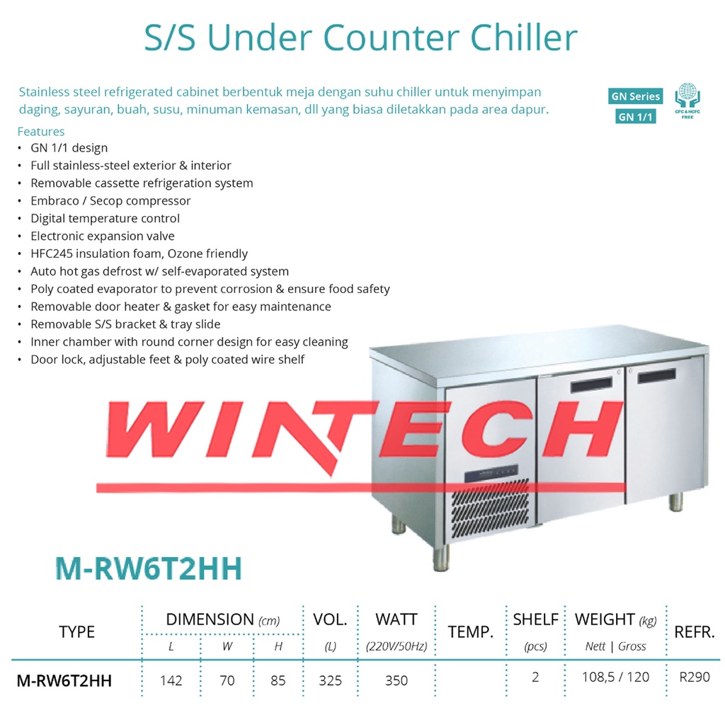 GEA M-RW6T2HH SS UNDER COUNTER CHILLER / CABINET PENYIMPAN SAYURAN DLL - MEJA KERJA CHILLER