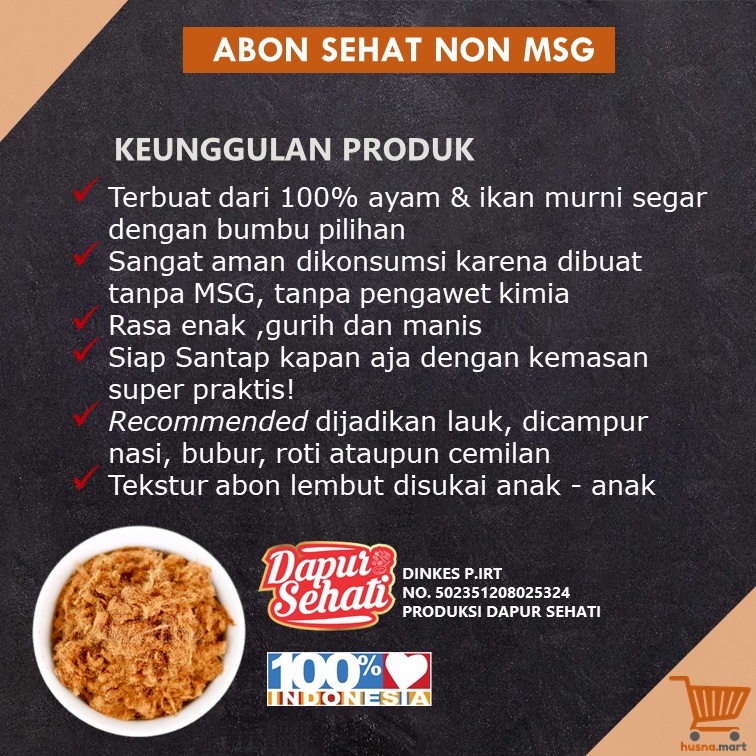 Abon Ayam - Ikan Tuna - Cakalang - Lele Original Tanpa Pengawet - isi 92 gram - Dapur Sehati Asli Alami - Non MSG Lauk Bergizi Sehat