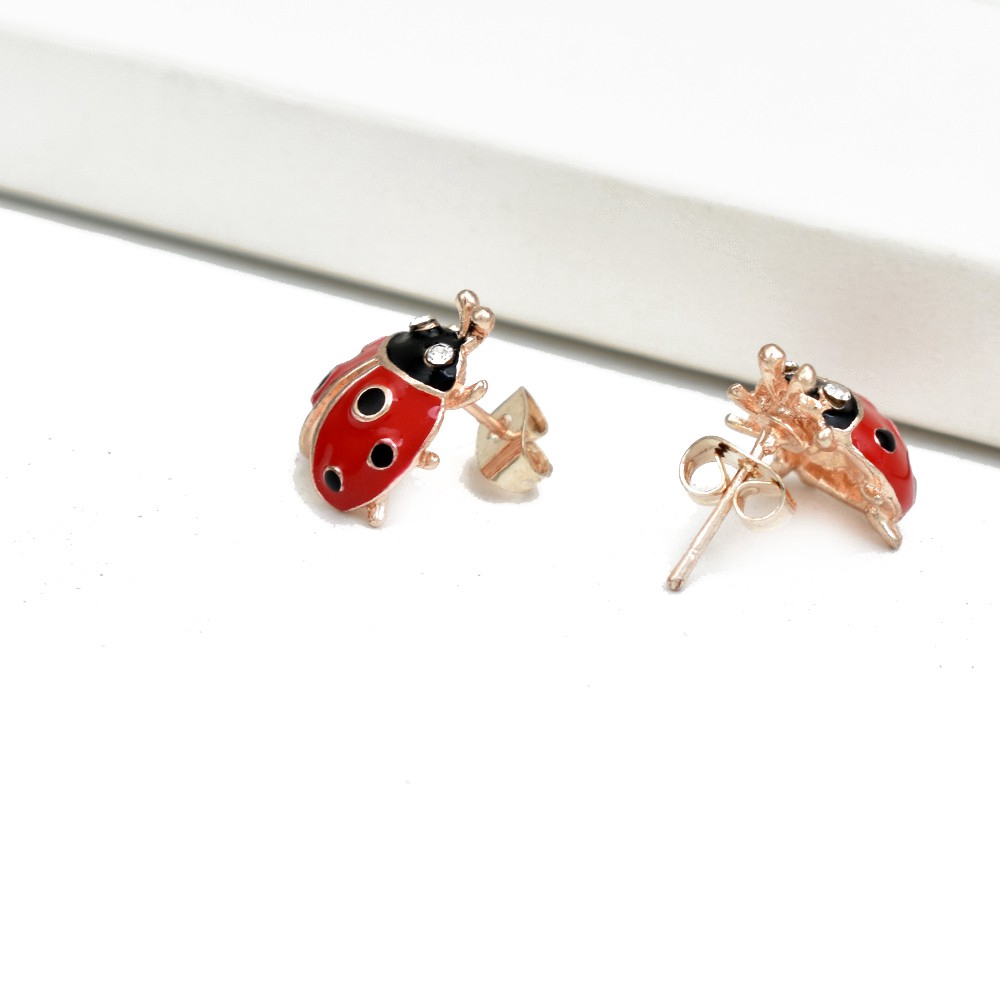 Anting Stud Enamel Bentuk Kumbang Warna Merah Untuk Wanita