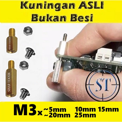 Spacer PCB M3 x 10mm-20mm Slicer Kaki / Dudukan PCB Kuningan Metal Spaser Spicer 5mm 10mm 15mm 20mm 25mm Brass Hex Baut Mur Box Ampli Brass