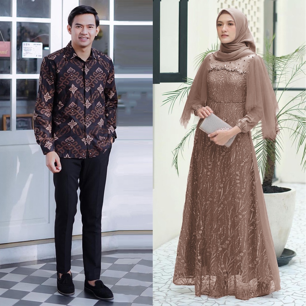 Baju Batik Couple Gamis Brukat | Batik Couple Baju Tunangan - Gamis Brukat Couple - Batik Couple Outfit Kondangan Kekinian - Seragam Bridesmaid Brokat Tulle Premium