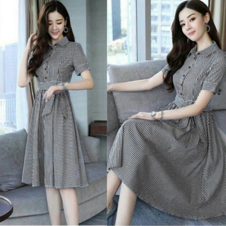 [GLFK] Dress Salur Md Line / Dress Motif Salur / Dress casual Terbaru / Dress / Dress kancing / Gaun Wanita