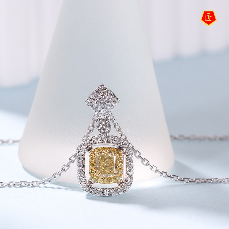 [Ready Stock]Square Pillow-Shaped Yellow Diamond Necklace European and American Luxury Fashion Temperament