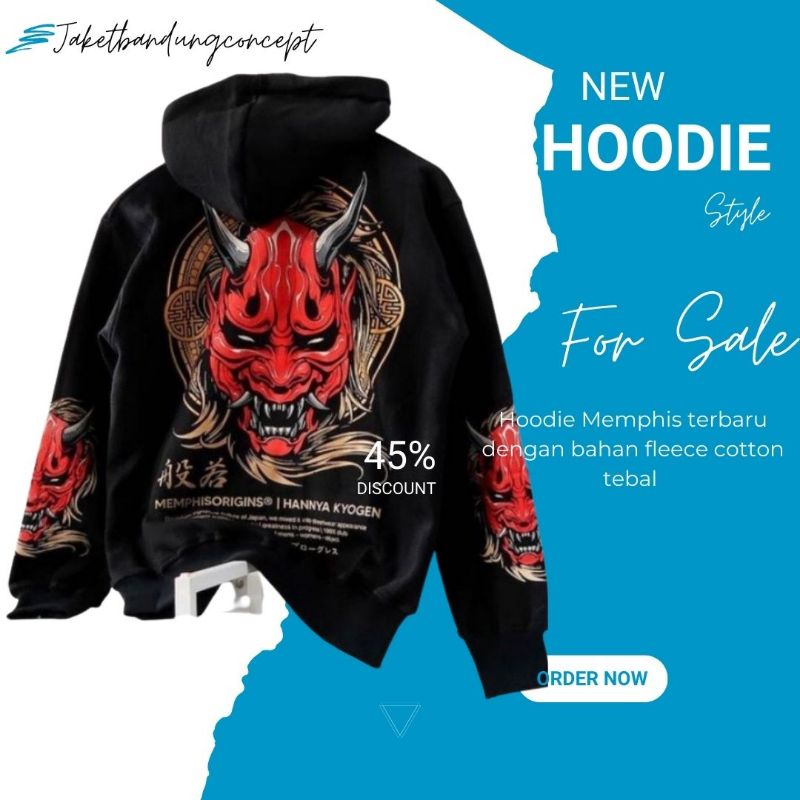 Jaket Sweater Hoodie Memphis Origin Hannya Kyogen V2 Bahan Cotton Fleece Tebal