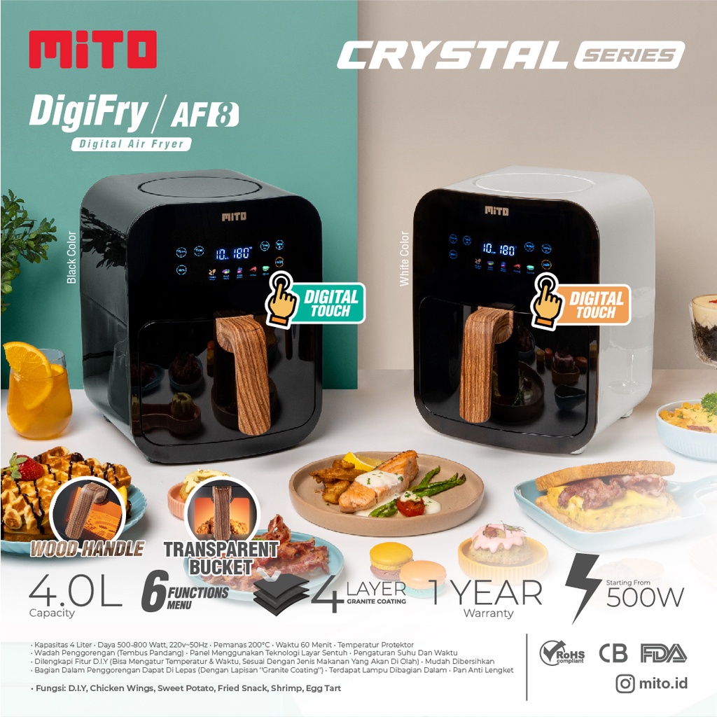 MITO AIR FRYER AF8 4 LITER TRANSPARENT CRYSTAL SERIES GARANSI RESMI