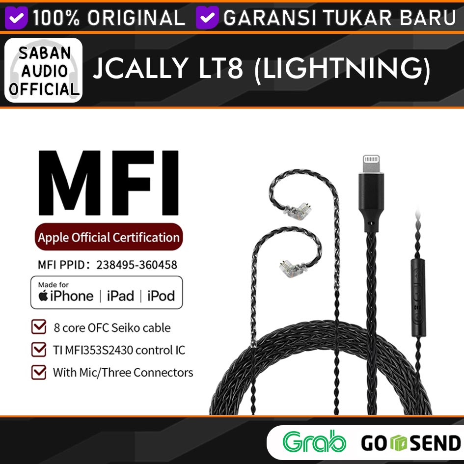 Jcally LT8 Kabel Upgrade Jack Lightning with Microphone iOS 5N OFC Upgrade wire 8 strands MFI C100 for KZ EDX Pro CCA CRA KZ DQ6 TRN MT1 Pro AZ09 Moondrop Aria SSP KZ ZST ZSN Pro X Nekocake TFZ Moondrop CHU