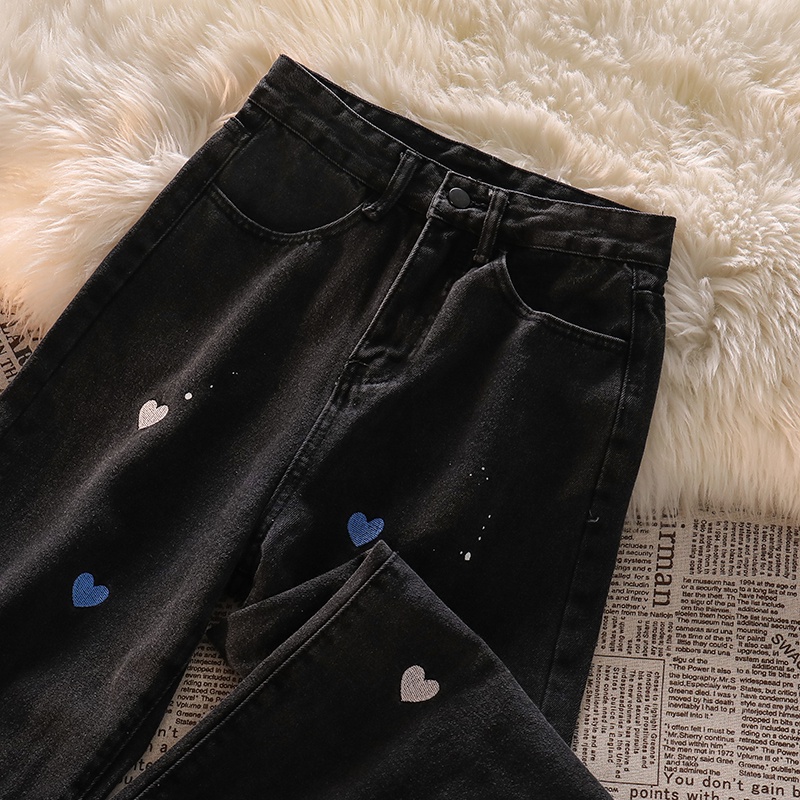 New hitam love embroidery high waist celana jeans panjang wanita