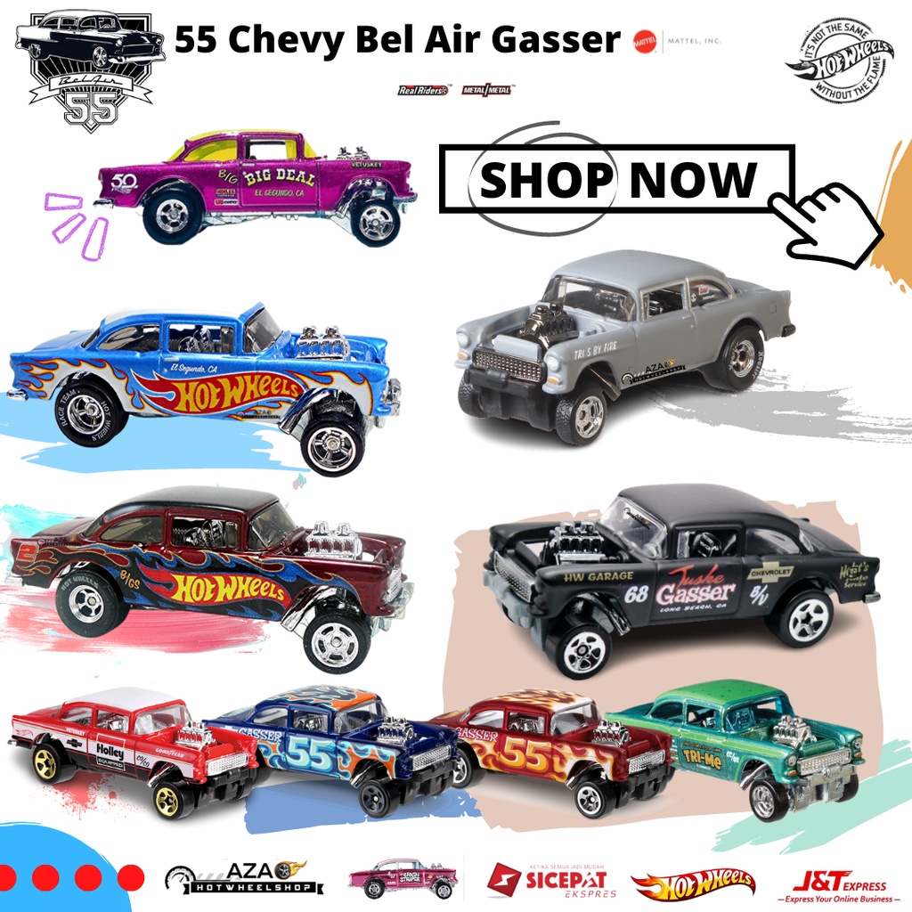 BEST SELLER | 55 CHEVY BEL AIR GASSER | Diecast Hot Wheels HW Hotwheels | Boulevard C Pearl and Chrome Flames 2017 Heat Fleet Holley Triassic Five Dragstrip Demons Guster Black Hole Acryllic Favorites B Tuske Big | Gold Black Blue Purple Green Red Orange