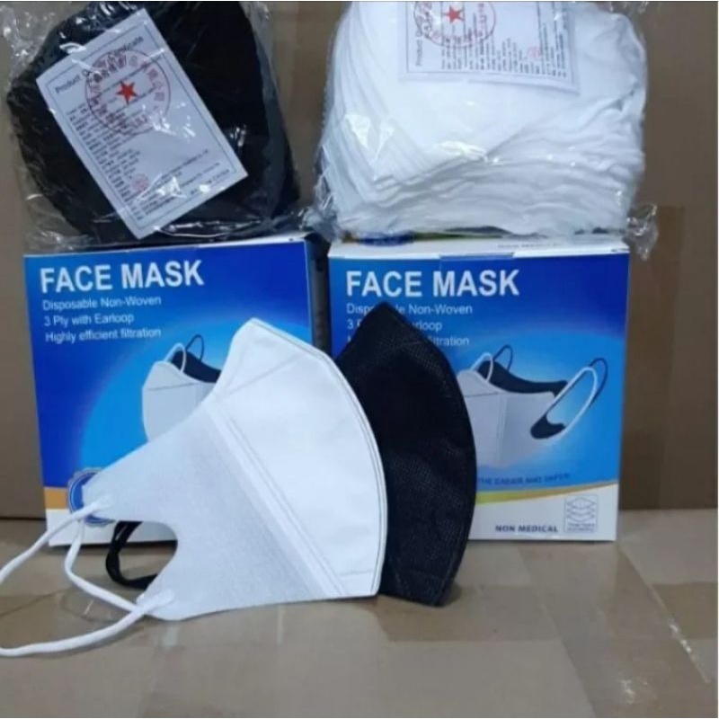 Masker Duckbill 3ply isi 50pcs 1box masker kesehatan pilihan warna Hitam-Putih
