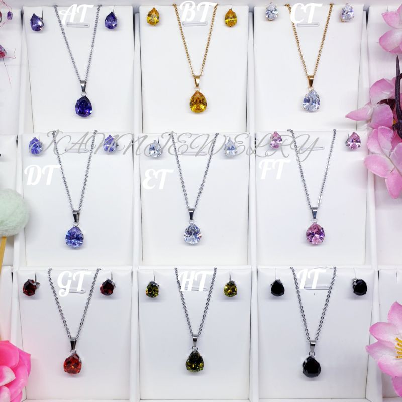 kalung + anting Titanium asli ladyday teardrop aneka warna permata zircon uk45Cm