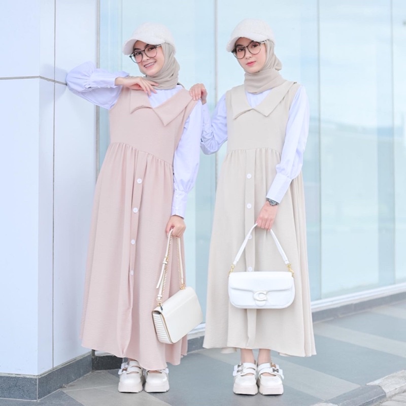 Rereshop Moza Dress Overall Bahan Crinkle Airflow Premium Tebal Adem Dress Wanita Kekinian