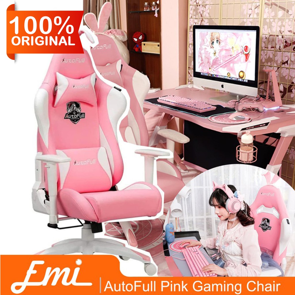 AutoFull Pink Gaming Chair Kursi PU Leather High Back Ergonomic Office Chair