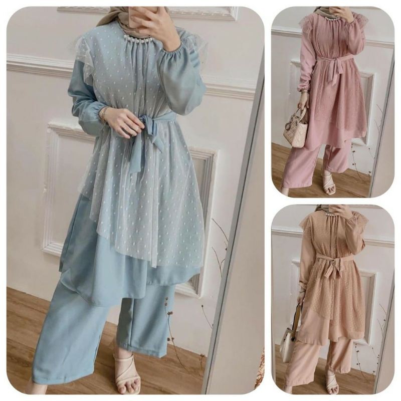 SET PEARLY DOT SETELAN TUNIK TILE DOT KOMBI MOSCREPE MUTIARA setelan baju wanita celana kulot muslim