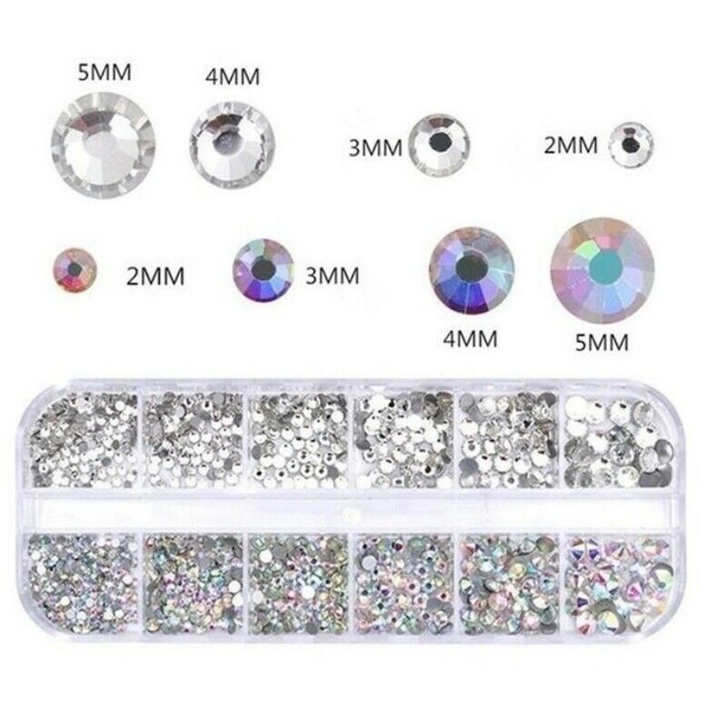 12 Grid / Set Ornamen Kristal Berlian Imitasi 3D Glitter Kaca Gem Sequins AB Untuk Dekorasi Nail Art