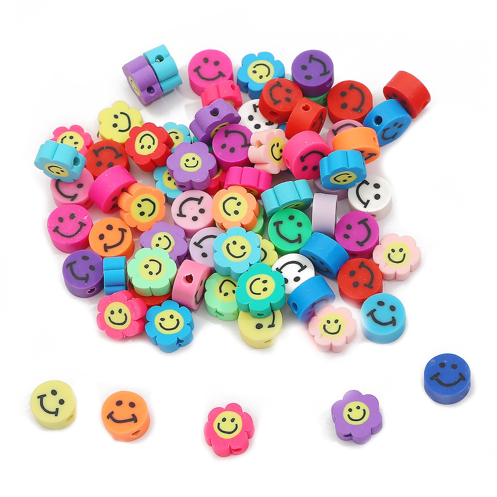 10pcs Manik-Manik Bahan Polymer Clay Desain Wajah Tersenyum Ukuran 10mm Gaya Boho Untuk Membuat Perhiasan