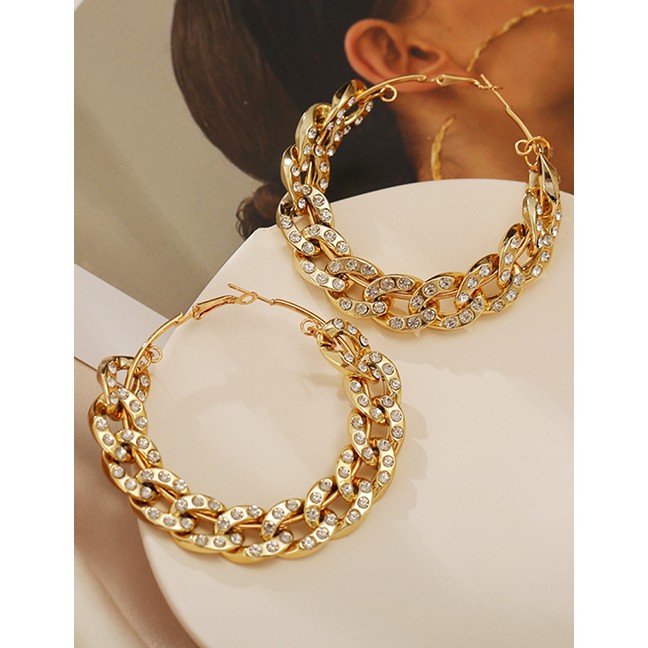 LRC Anting Tusuk Fashion Gold Color Thick Chain Diamond Hollow Geometric Alloy Earrings P09433