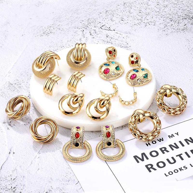 Anting Bentuk Bulat Geometris Bahan Logam Gaya Vintage Korea Untuk Wanita