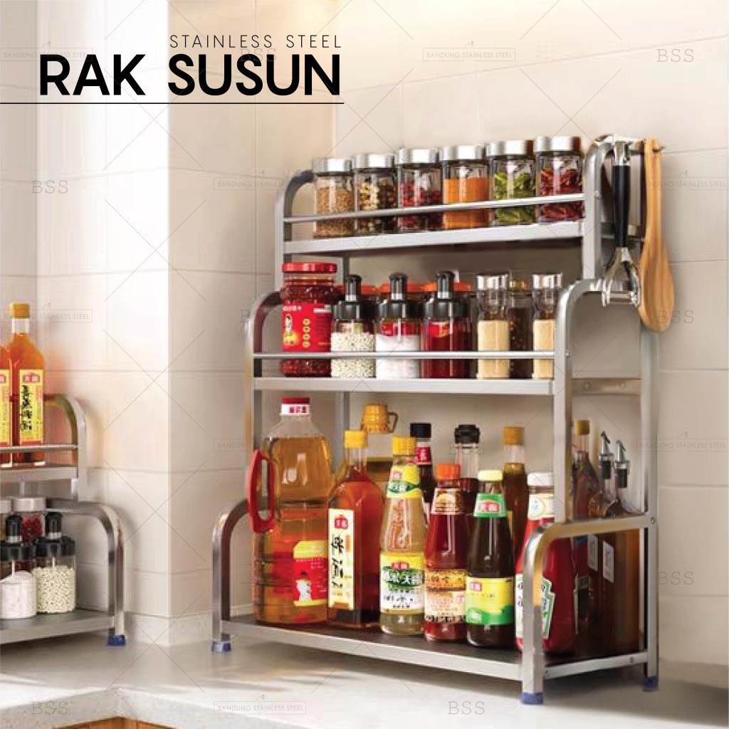 Rak Bumbu Masak Peralatan Dapur Stainless 40cm 50cm 2 3 Susun Multifungsi Serbaguna