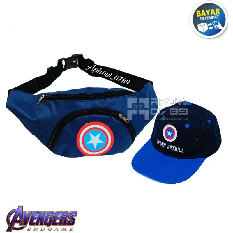 waistbag anak laki laki dan topi anak laki laki motif captain america tas selempang anak topi anak