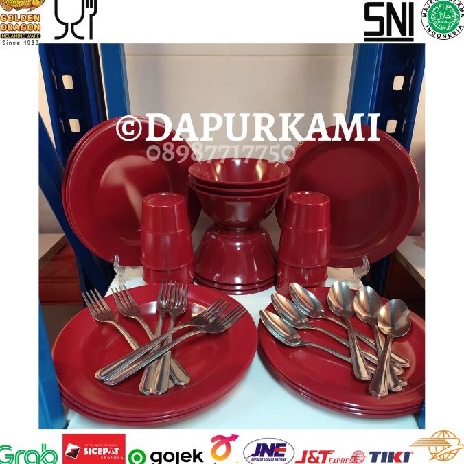 Piring Mangkok Melamin set 36pcs Peralatan Makan Warna Merah