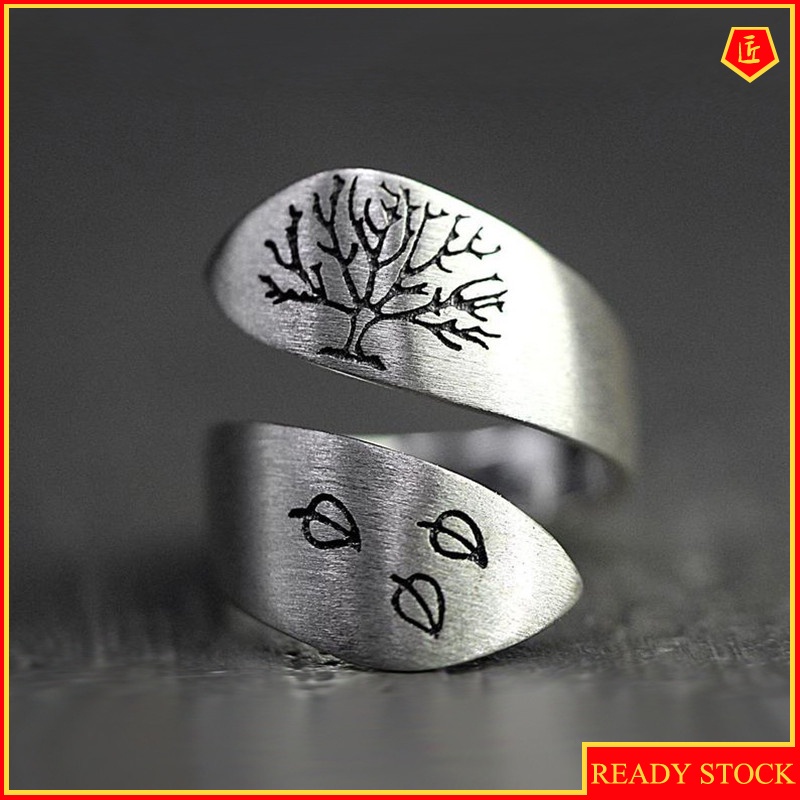 [Ready Stock]Retro Brushed Three Leaves Tree of Life Ring