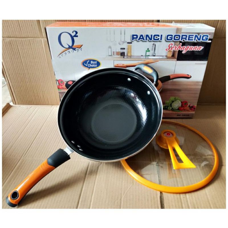 Panci Goreng Enamel Q2 3205 Wajan Penggorengan Wok Tutup Kaca 32cm