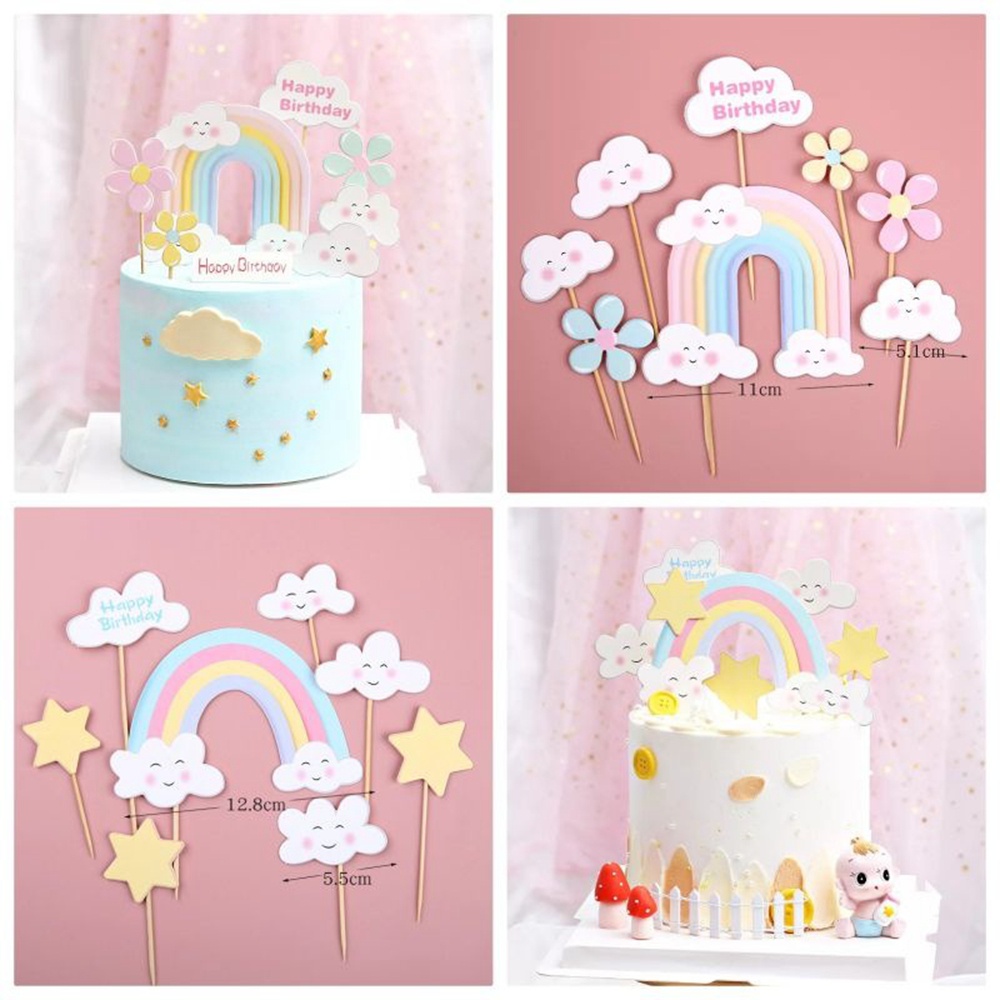 【COD Tangding】7pcs / set Kartu Dekorasi Kue Ulang Tahun DIY Bentuk Bunga / Bintang / Smile / Awan / Pelangi