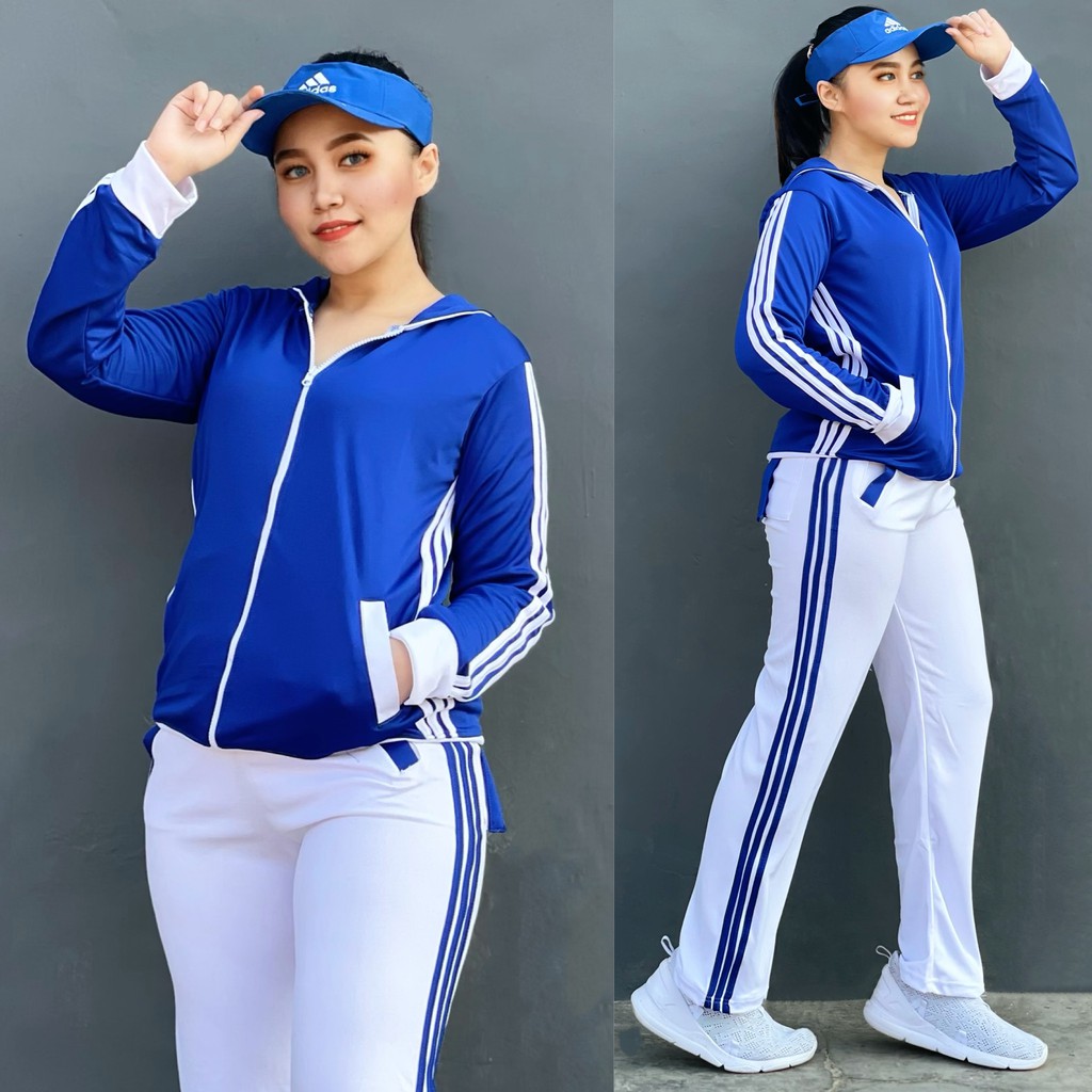 Setelan Baju Senam Lapangan Training Biru Putih Hijab Cycling Fitness Olahraga Panjang