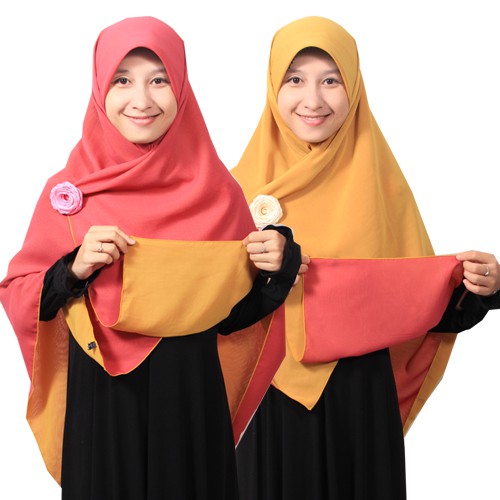 Unik Jilbab syari segi empat Bolak Balik Merah bata- Caramel Terlaris