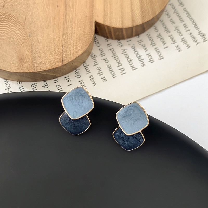 Anting Drop Bentuk Geometris Warna Biru Coklat Beige Gaya Retro